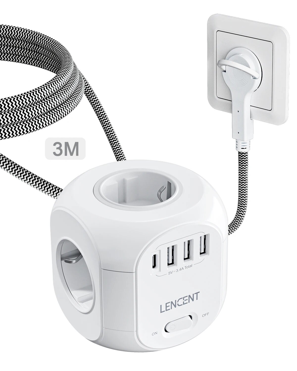 Датчик SL-805E-F удлинитель с розетками и USB портами, 4AC 3U1C 3M Flat, Вилка европейского стандарта