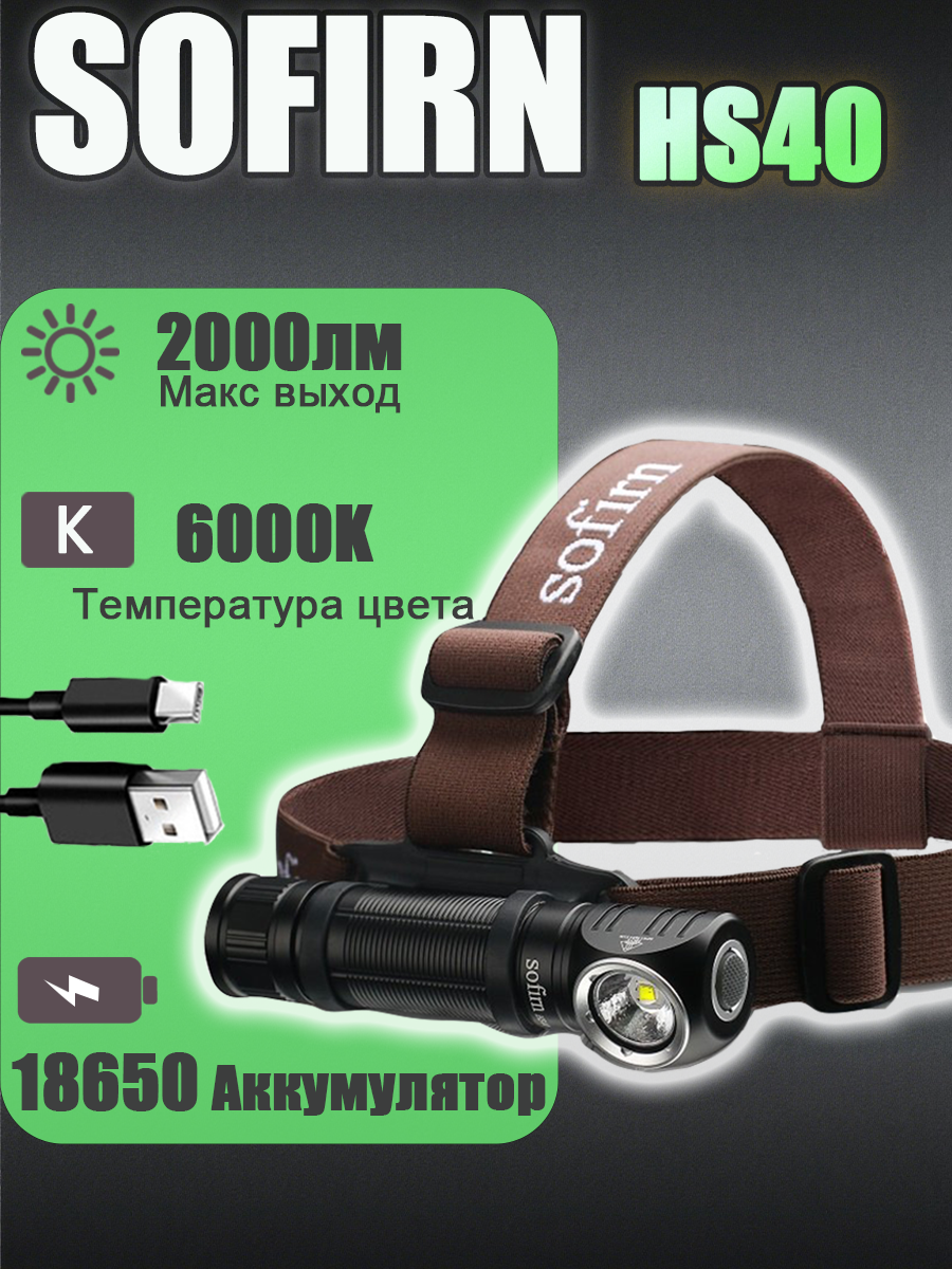 Sofirn HS40 налобный фонарь 18650 аккумуляторный 2000лм мощный светодиодный фонарик 6000K