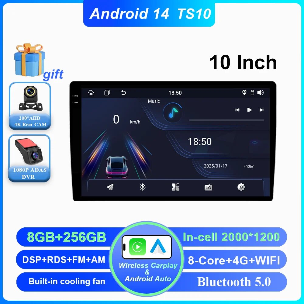 Android 14 CarPlay автомобильный радиоприемник Android Auto GPS мультимедийный плеер 2 DIN универсальный 9/10 дюймов Автомагнитола Wi-Fi плеер QLED Экран BT, 10IN 8-256G DVR 2k