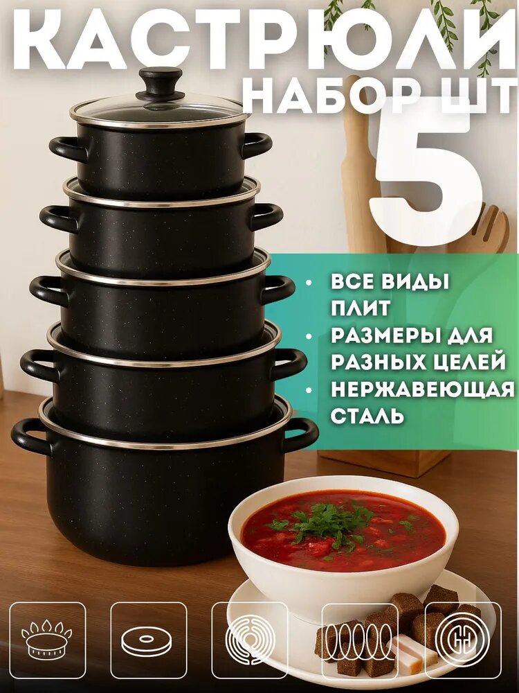Набор кастрюль с крышками 5 штук из нержавеющей стали черные/ Набор посуды для приготовления индукция