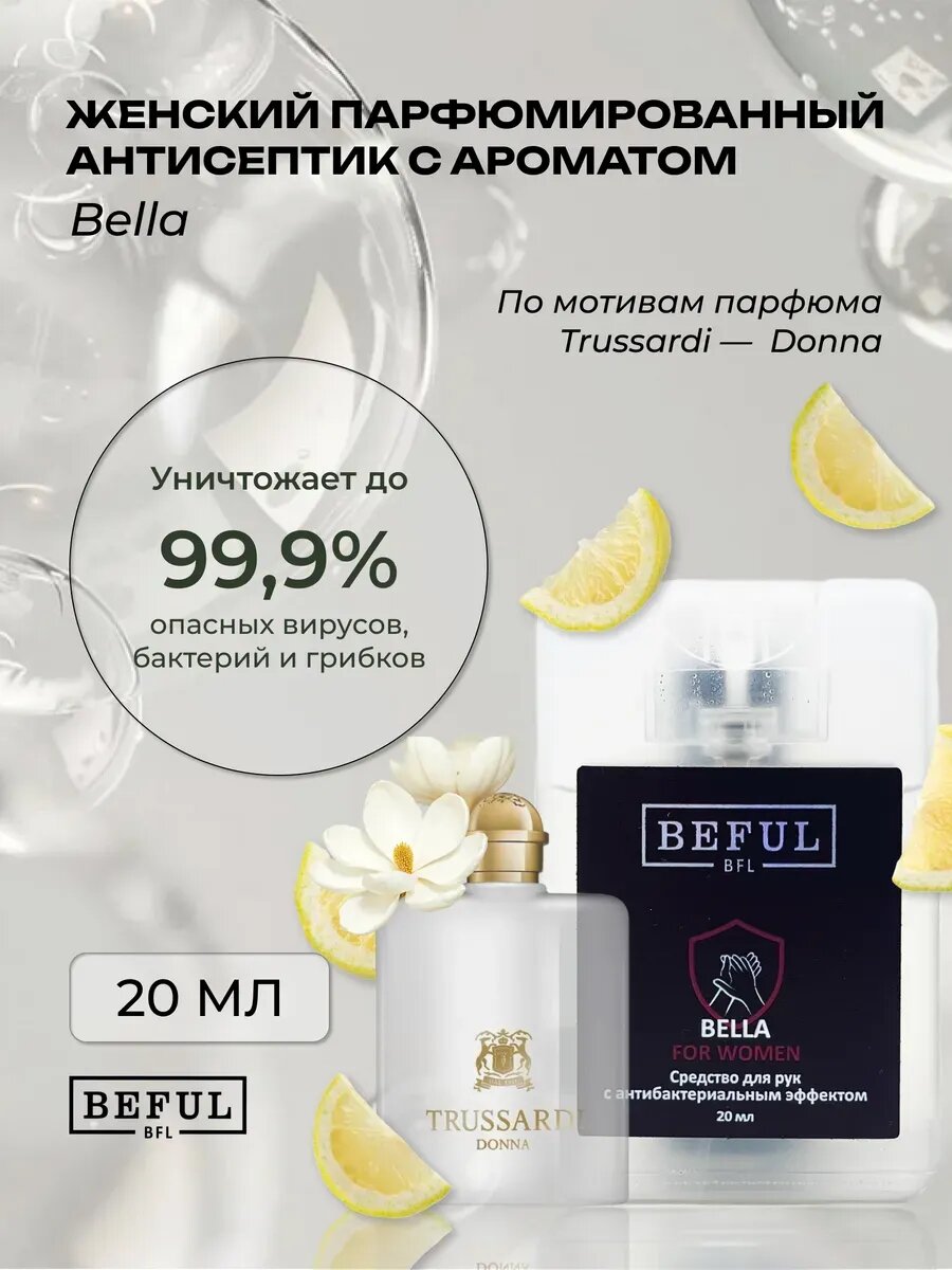 Карманный женский парфюмированный антисептик для рук BELLA, спиртовой санитайзер, 20 мл
