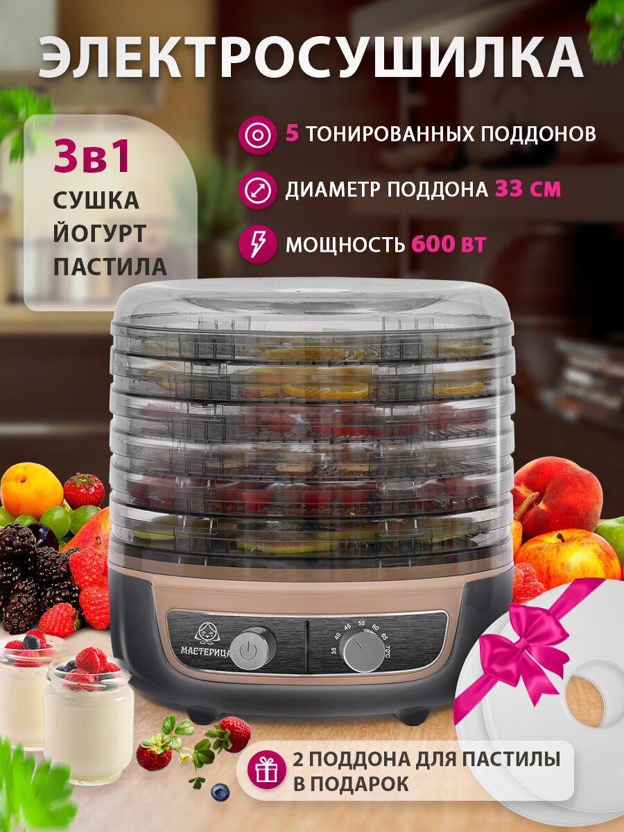Сушилка для овощей 3в1 с функциями приготовления йогурта и десертов Мастерица EFD-1004VM серо-беж 5 тонир. поддонов + 2 поддона для пастилы в подарок