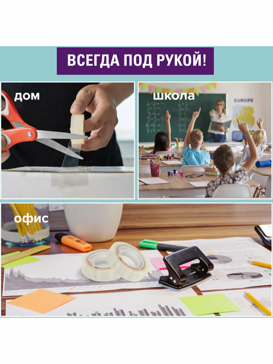 Клейкие ленты 12мм х 33м канцелярские BRAUBERG, комплект 4шт, прозрачные, гарантиров. длина, 228761 — фото 1