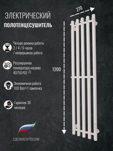 Изображение товара Полотенцесушитель электрический Белый матовый Маргроид Вид Inaro-5 120x24. Кабель с вилкой 90 см.