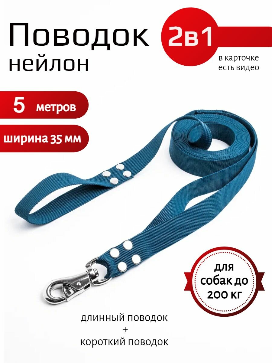 Поводок 2 в 1 для собак с усиленным карабином нейлон 5 м х 35 мм (темно-синий)
