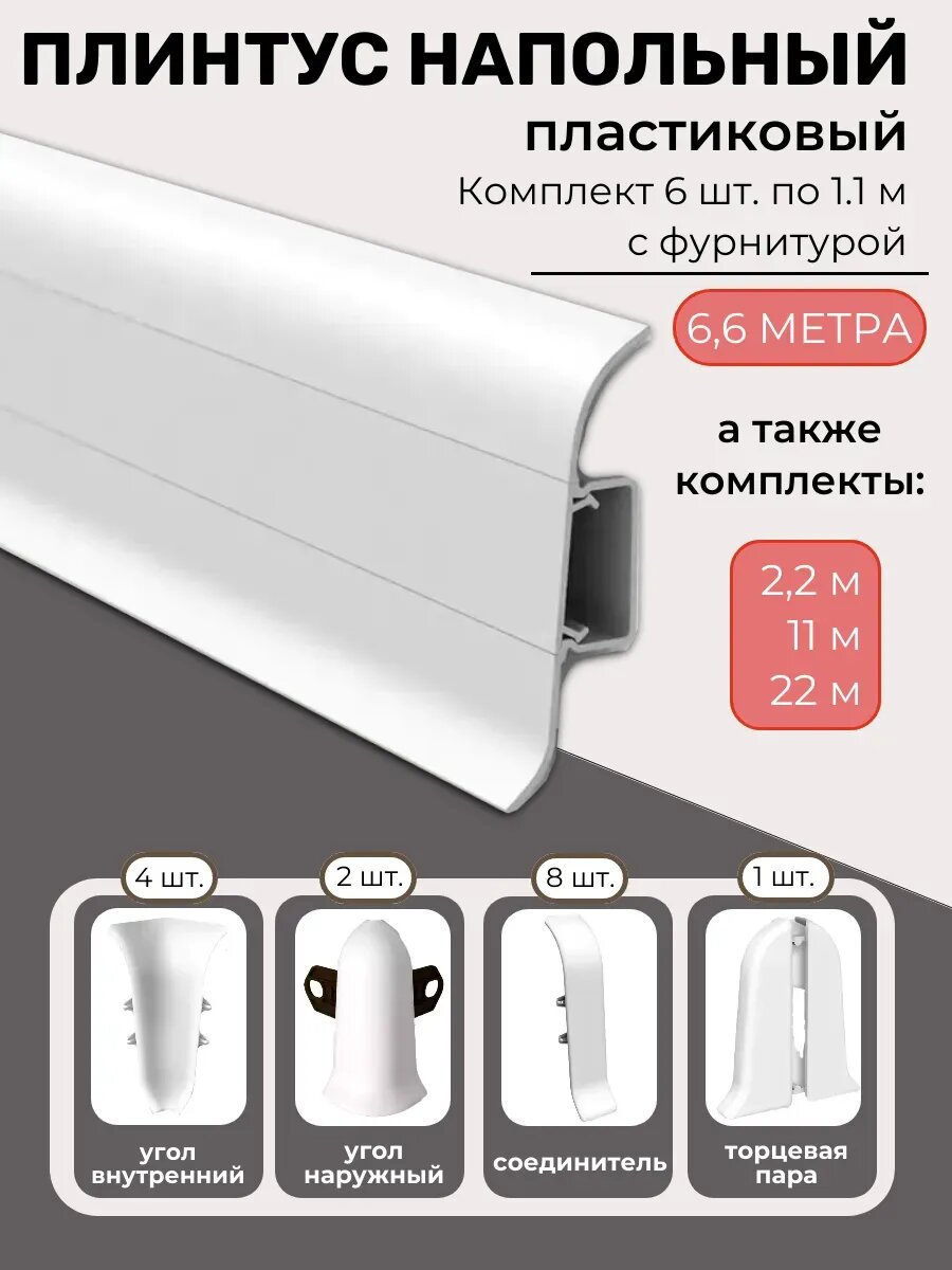 Плинтус Ideal напольный пластиковый с кабель-каналом и фурнитурой белый 6.6 м