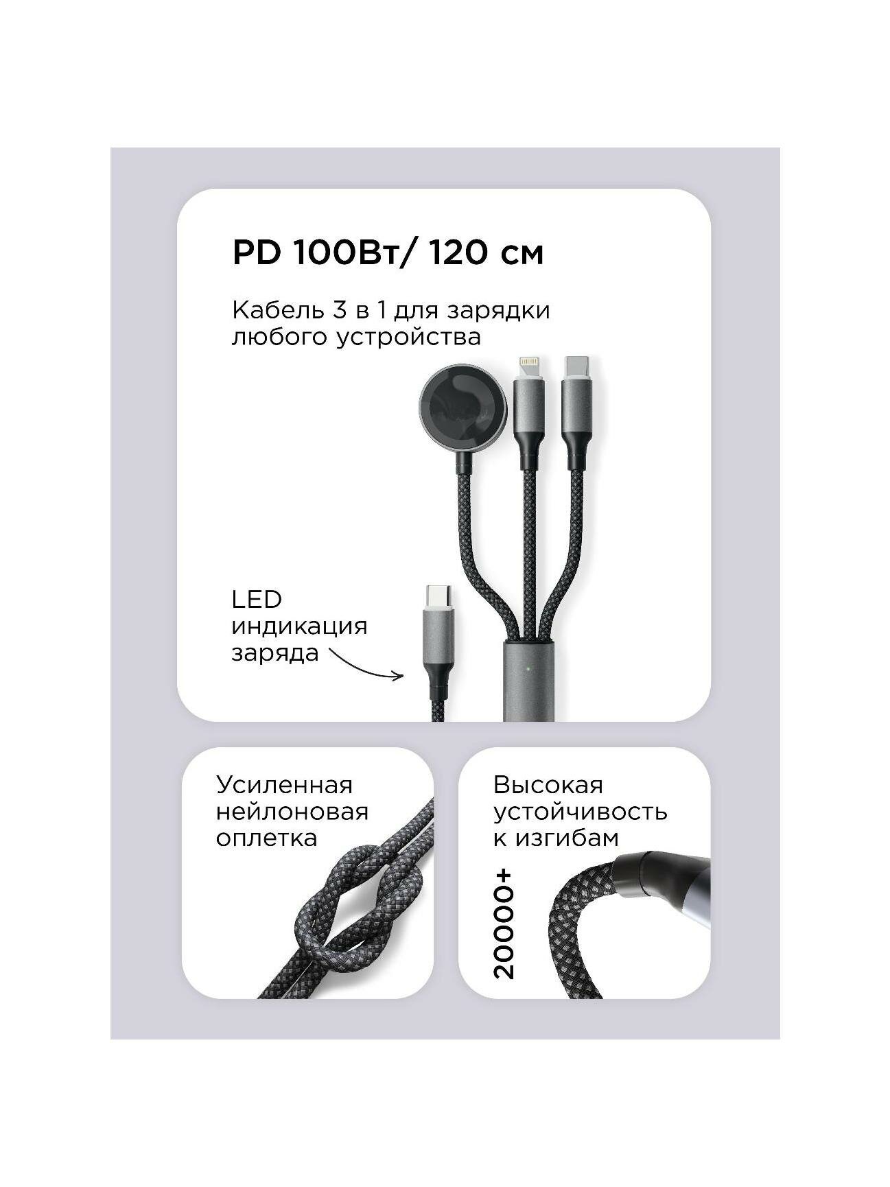 Кабель vlp 3 в 1 (USB-С-USB-C+Lighting+Watch) 1.2м — фото 1