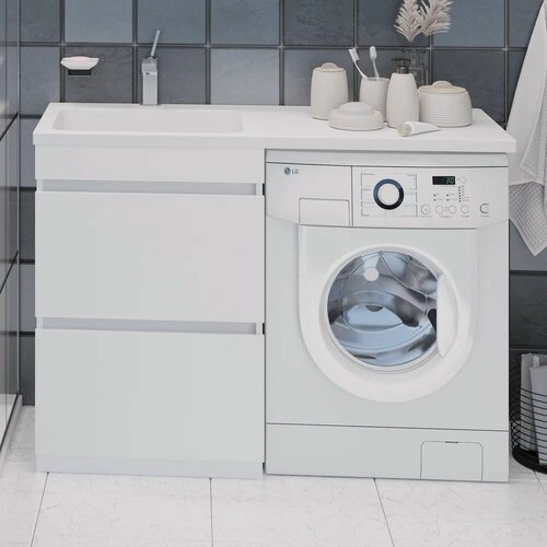 Изображение товара Тумба под раковину без столешницы Emmy Джерси 120 напольная, белая, глянцевая, из МДФ, тумба для ванной, с ящиками, с доводчиками