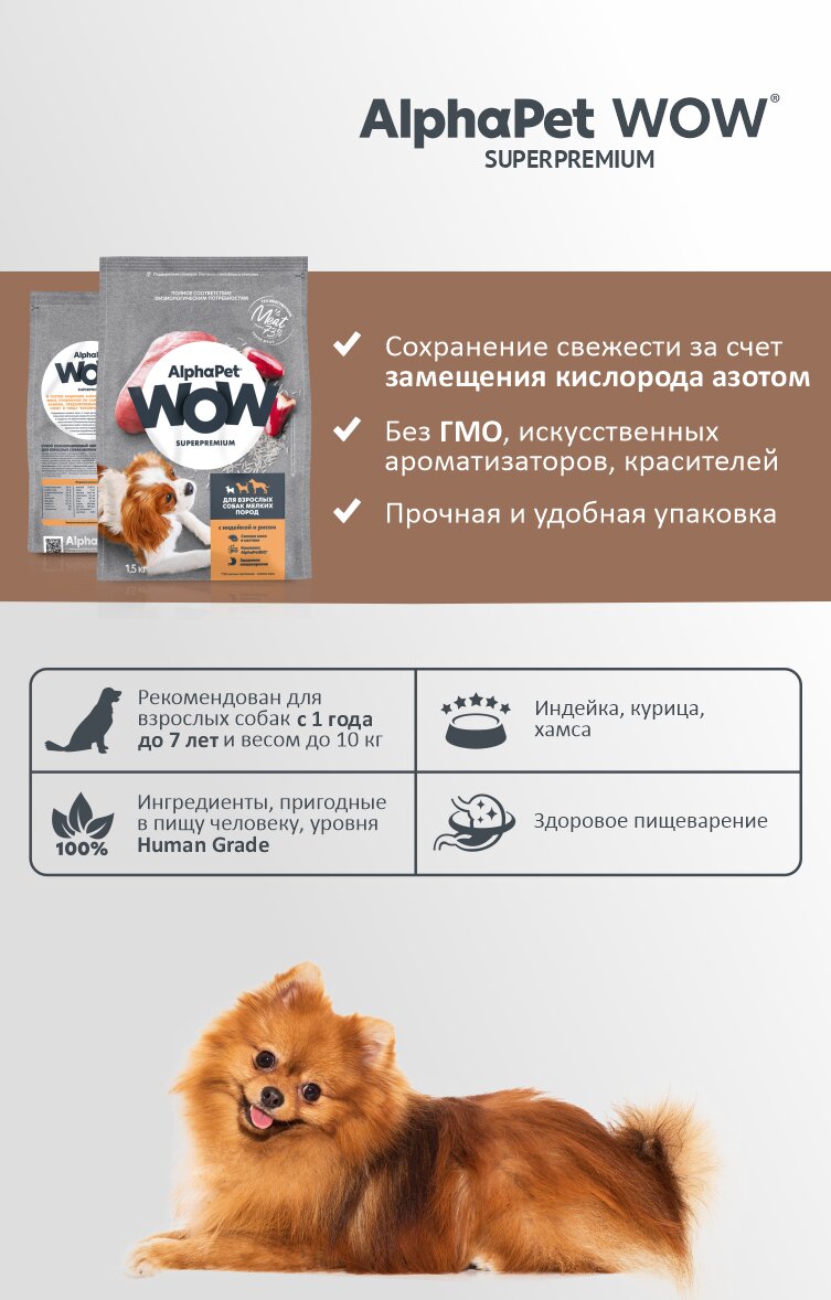 Корма Для Собак Xiaomi Сухой корм AlphaPet WOW Superpremium для взрослых собак мелких пород Индейка и рис, 1,5 кг.