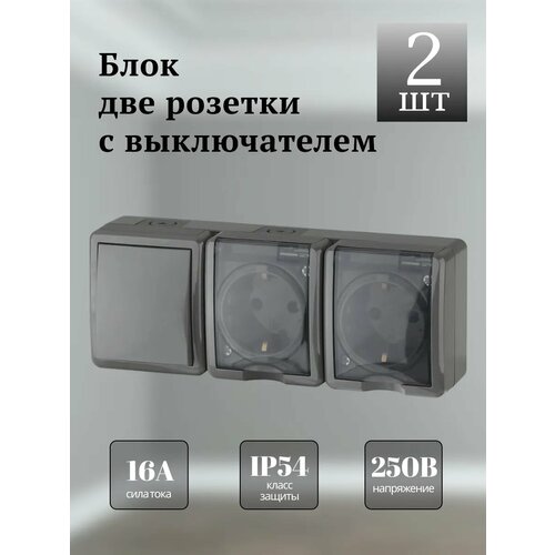 фото Блок эра эксперт, с одноклавишным выключателем и двумя розетками, с защитной крышкой, ip54, серый (комплект из 2 шт.)