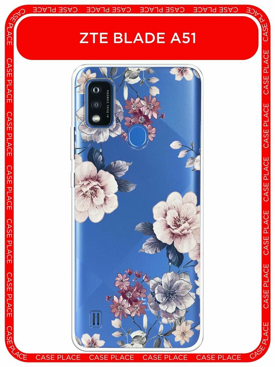Чехол на ZTE Blade A51 / ЗТЕ Блейд А51 с принтом "Нежные винтажные цветы", прозрачный