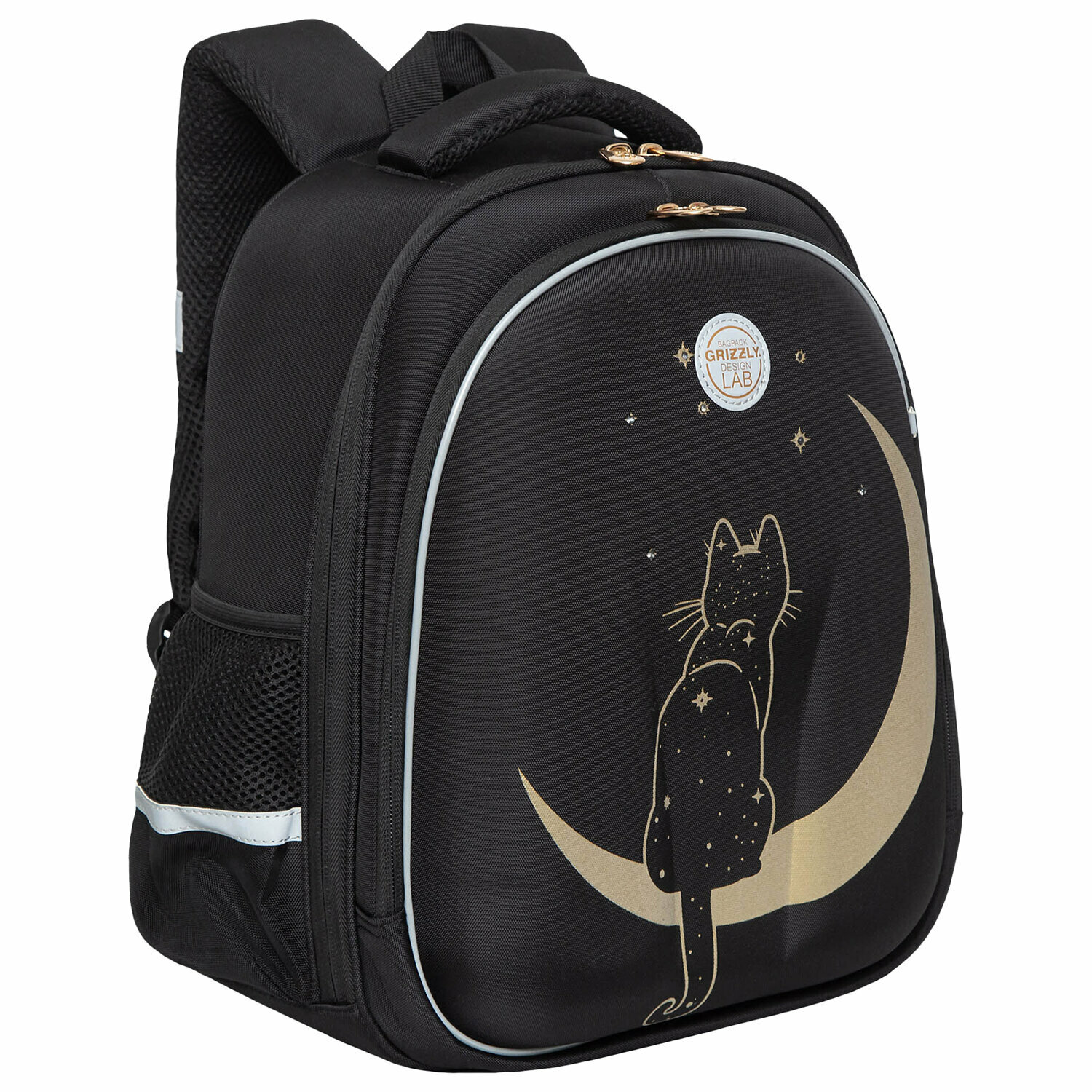 Ранец школьный Grizzly с анатомической спинкой, c брелоком, для девочек, "Night Cat", 36х28х20 см (RAz-286-1 1)