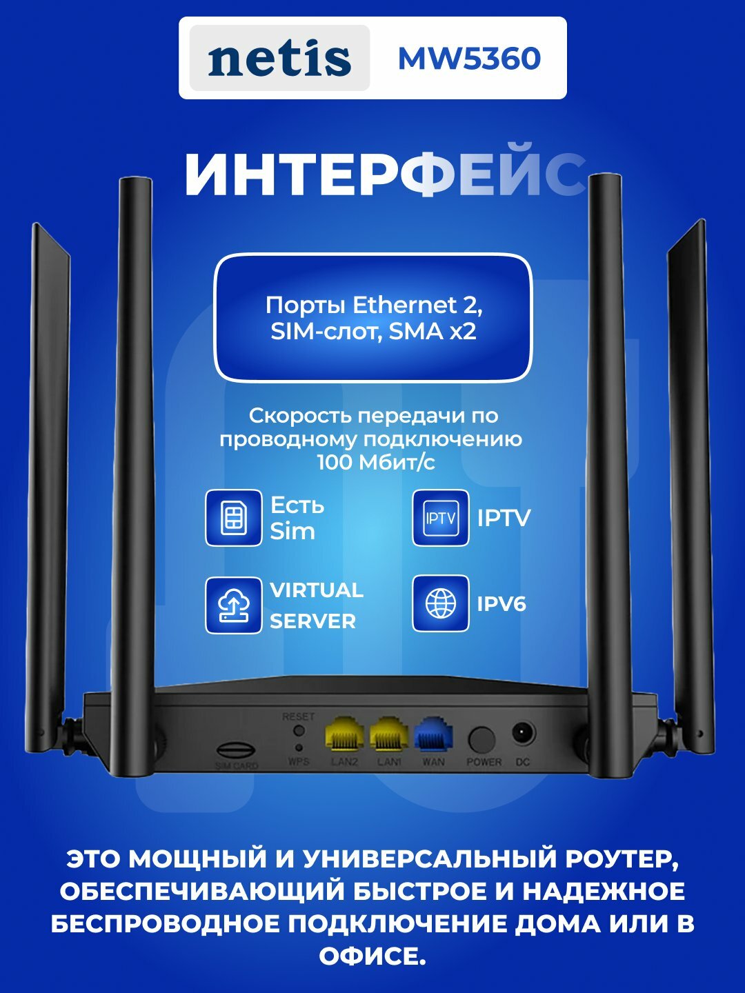Маршрутизатор NETIS MW5360, 4 антенны, поддержка SIM-карт, 300 Мб/с, LAN 1x RJ45 MW5360 — фото 1