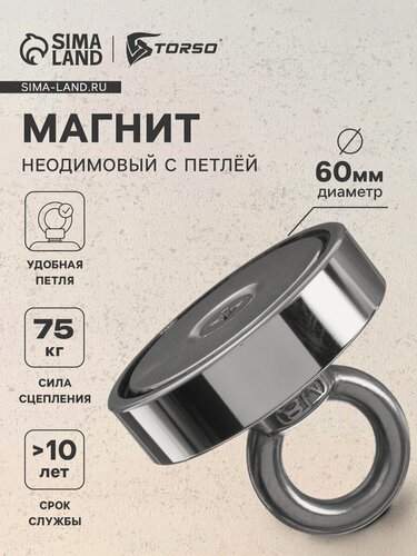 Изображение товара Магнит неодимовый с петлей для авто, d=60 мм, сцепление 75 кг