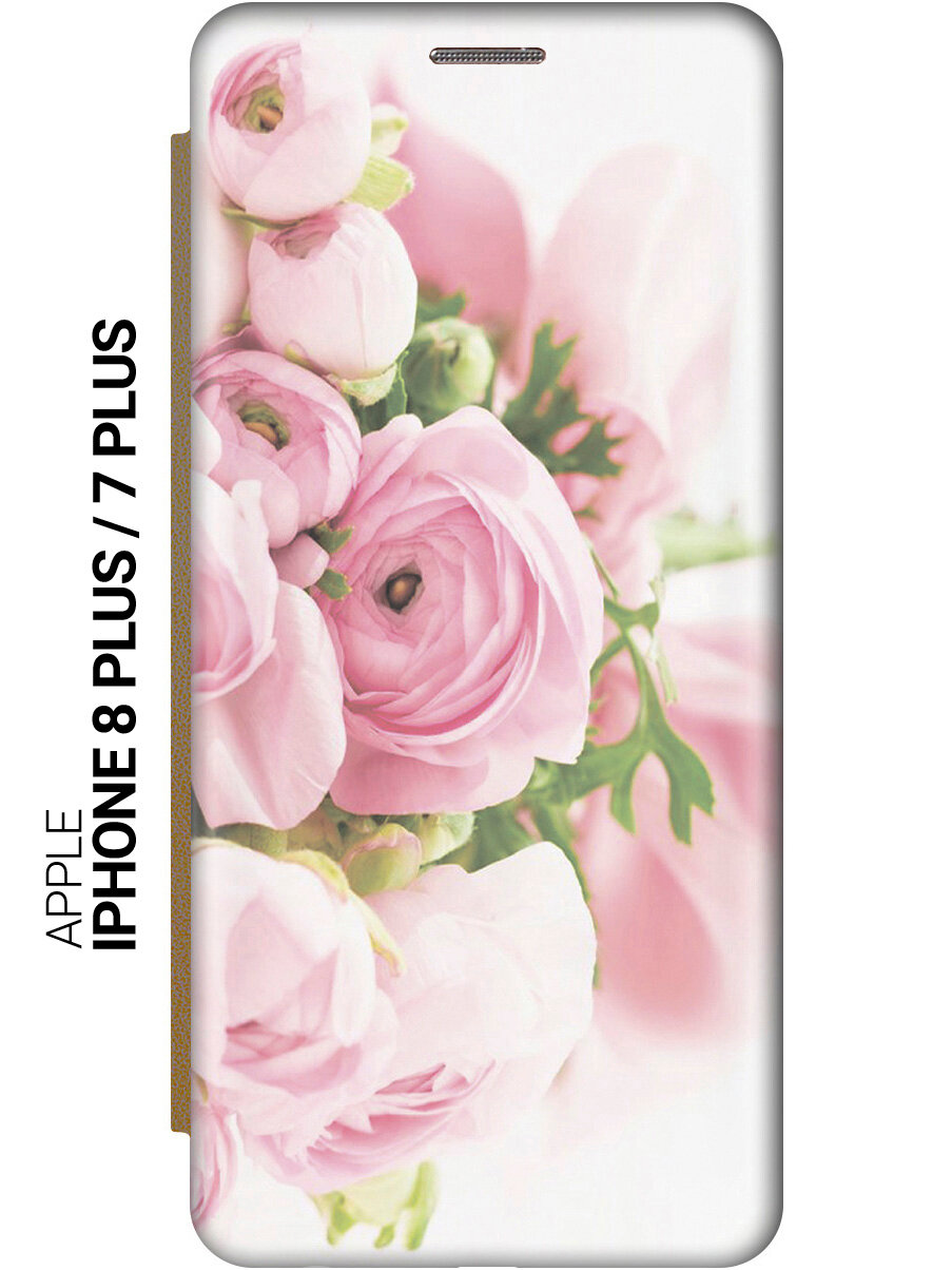 Чехол-книжка на Apple iPhone 8 Plus / 7 Plus / Эпл Айфон 7 Плюс / 8 Плюс с рисунком "Розовые розы" золотистый