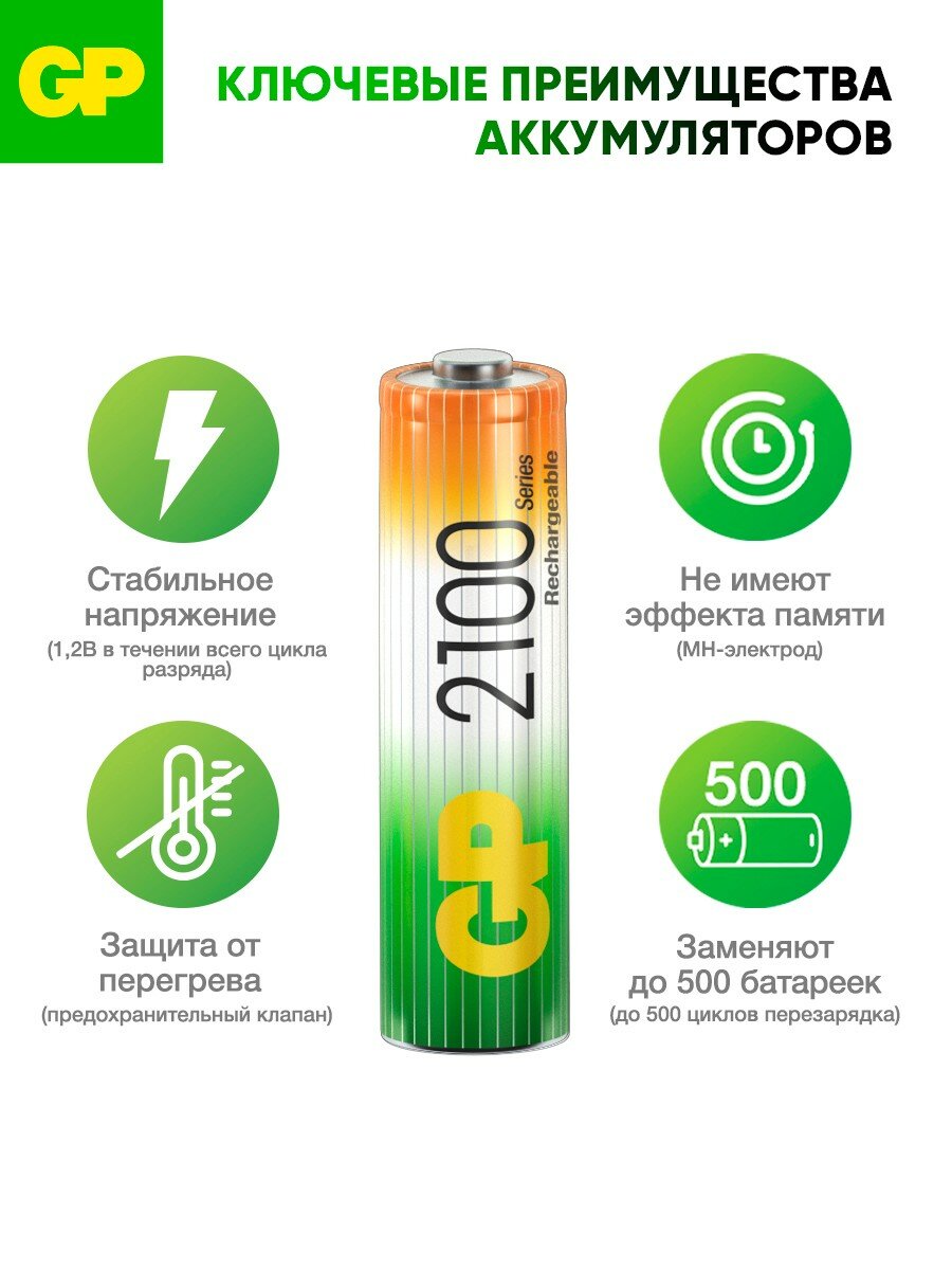 GP Батарейки аккумуляторные АА (LR6) 2100 мАч, 4 шт и ААА (HR03) 750 мАч, 4 шт, набор 8 шт — фото 1