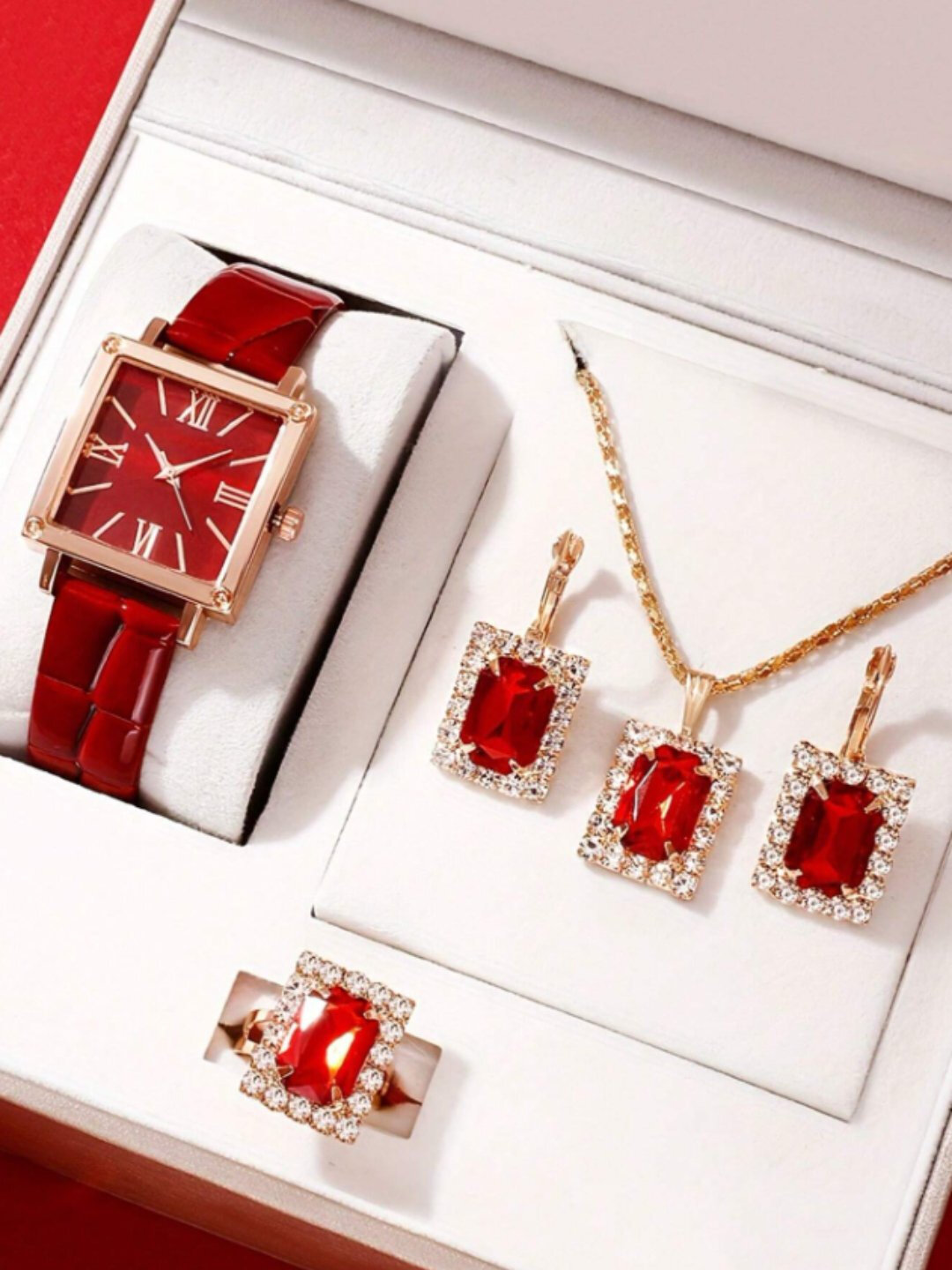 Комплект бижутерии: колье, цепь, кольцо, серьги, кварц, кристаллы Swarovski, размер колье/цепочки 44 см, красный