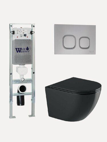 Изображение товара Комплект 6 в 1 WeltWasser: подвесной унитаз MERZBACH 043 GL-BL черный+кнопка смыва AMBERG RD-CR хром+инсталляция AMBERG 350 ST