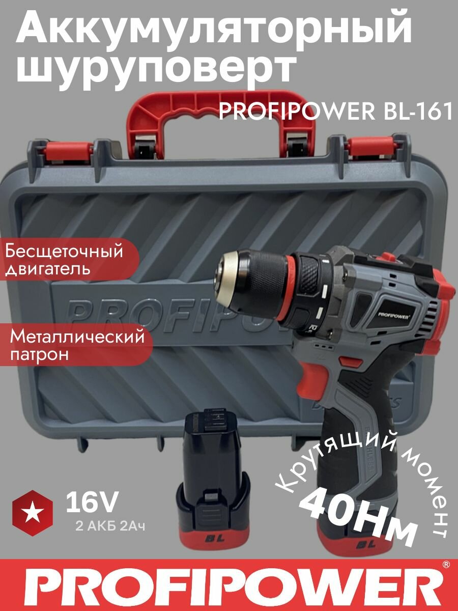 Бесщеточный аккумуляторный шуруповерт PROFIPOWER 16В 40Нм 2*2Ач АКБ Кейс