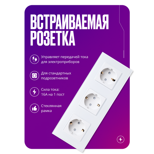 фото Розетка тройная встраиваемая на 16 а, 3 поста, белая со стеклянной рамкой, заземлением и шторками izba tech