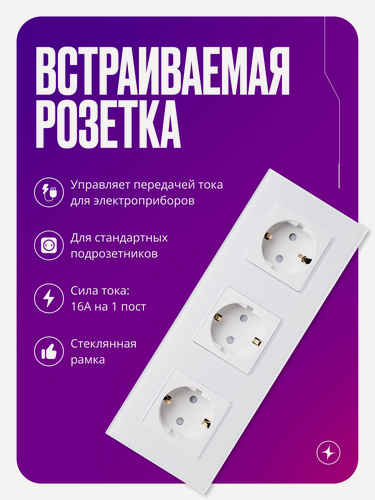 Изображение товара Розетка тройная встраиваемая на 16 А, 3 поста, белая со стеклянной рамкой, заземлением и шторками