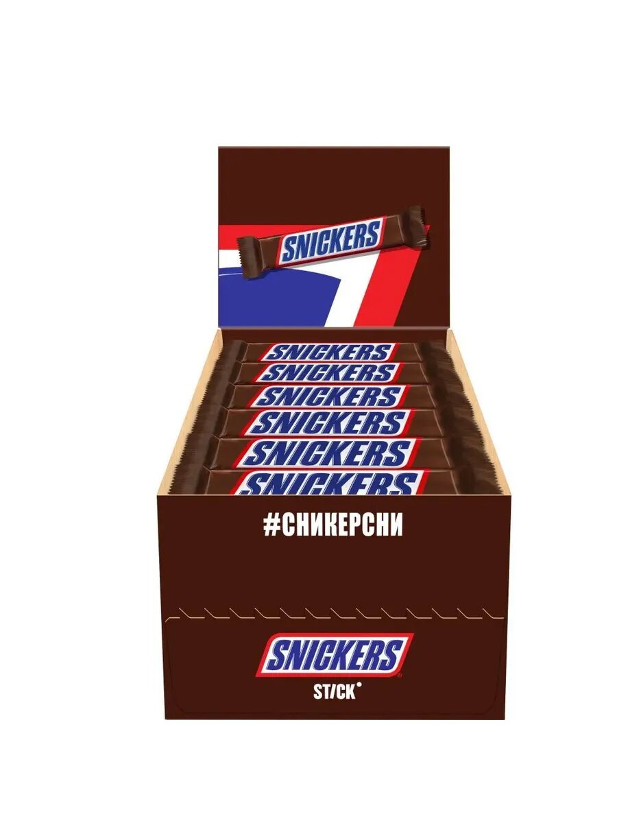 Шоколадный батончик Snickers Stick с карамелью, арахисом и нугой, 32 шт по 20 г — фото 1