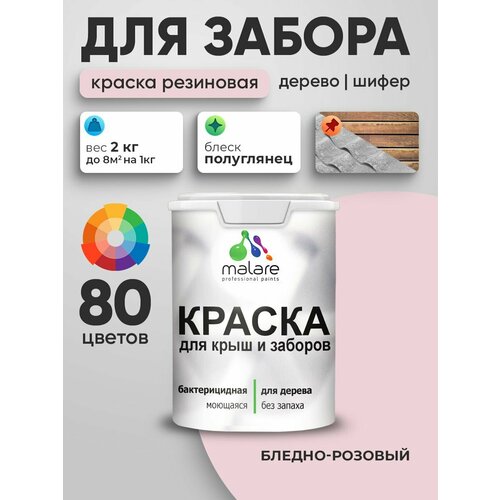 фото Резиновая краска malare для деревянного забора/ по дереву для наружных и внутренних работ/ быстросохнущая моющаяся без запаха полуглянцевая, бледно-розовый, 2 кг.