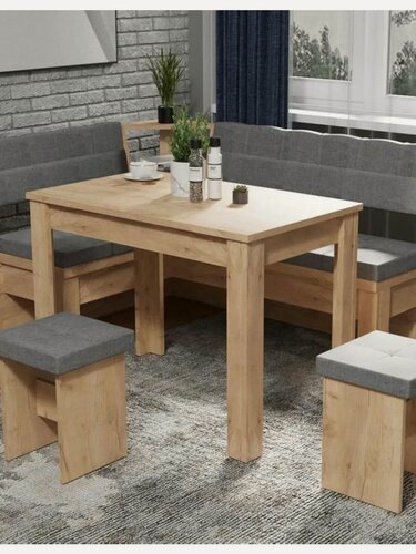 Изображение товара Кухонный диван, уголок Уют 8 со столом, с табуретами, с полками, Дуб Крафт золотой, ЛДСП / Серый, ткань