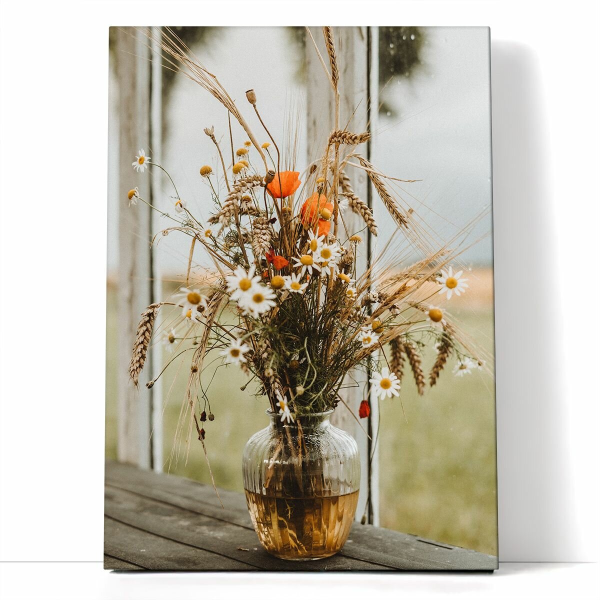 Интерьерная картина на хлопковом холсте - Букет полевых цветов в вазе, 40х60 см