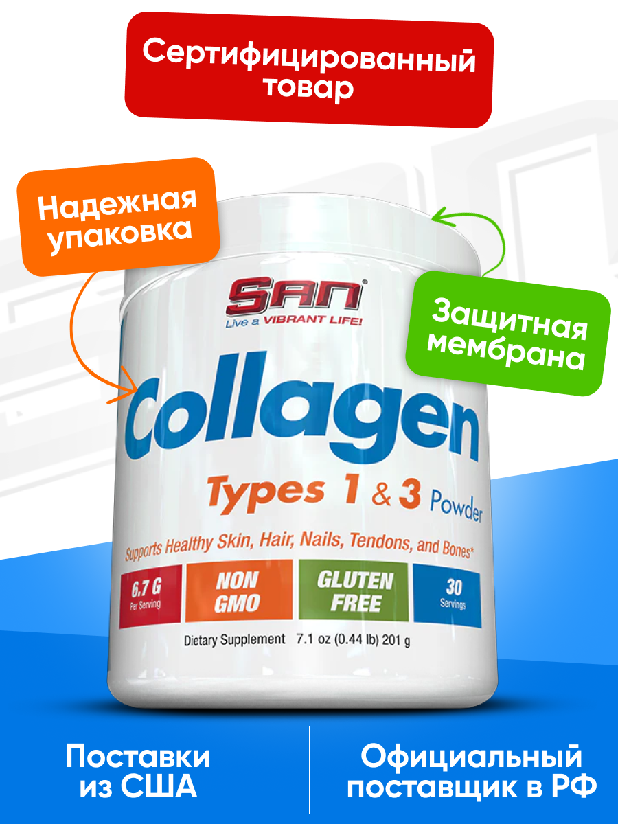 Коллагены Для Суставов Коллаген для суставов S.A.N. Collagen 1 и 3 типа, 201гр порошок, добавка для кожи, волос и связок красоты
