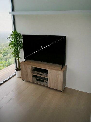 Изображение товара Тумба под телевизор напольная Смайл ТВ с доводчиками, с полками, с дверцами, закрытая, 111х34х51см, бежевая, Дуб Сонома