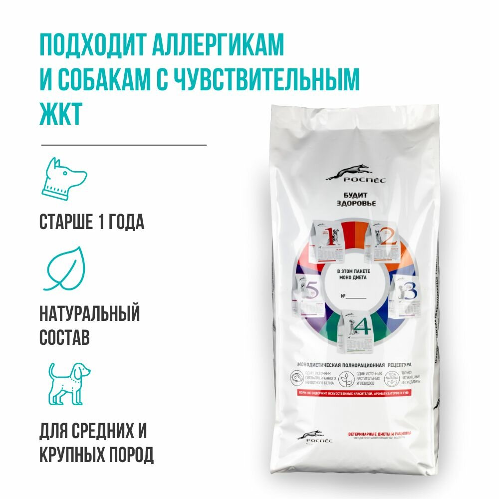 Сухой беззерновой корм для собак супер-премиум-класса РосПёс, Моно-диета №4, гипоаллергенный, рыба с овощами, 15кг — фото 1