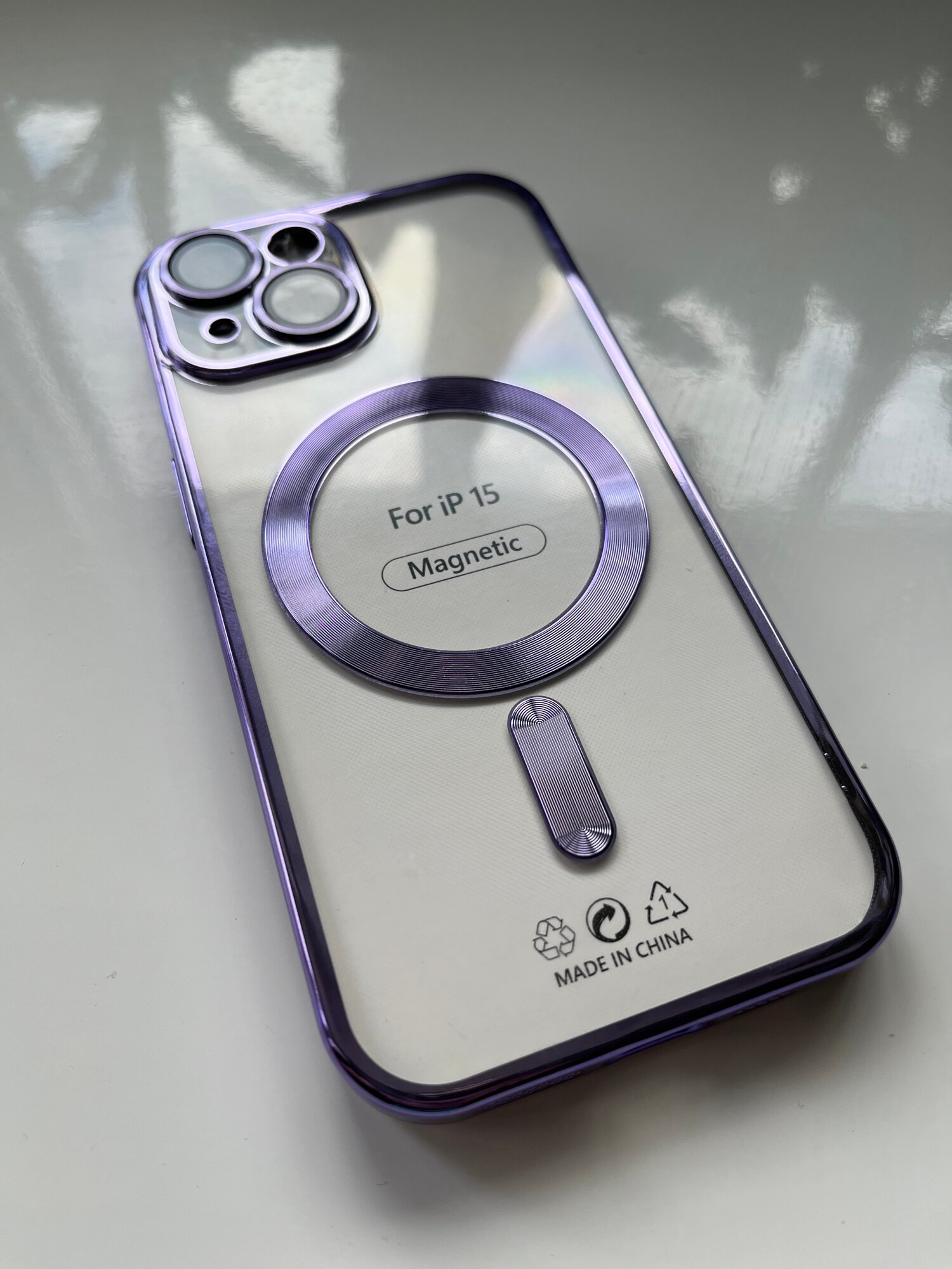 Чехол Magsafe, для Apple iPhone 15 , силиконовый, прозрачный, фиолетовый — фото 1