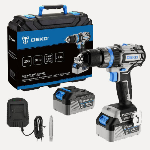 Изображение товара Дрель-шуруповерт аккумуляторная Deko DKCID20, ударная, бесщеточная, 2*20В 4.0Ач, 80Нм