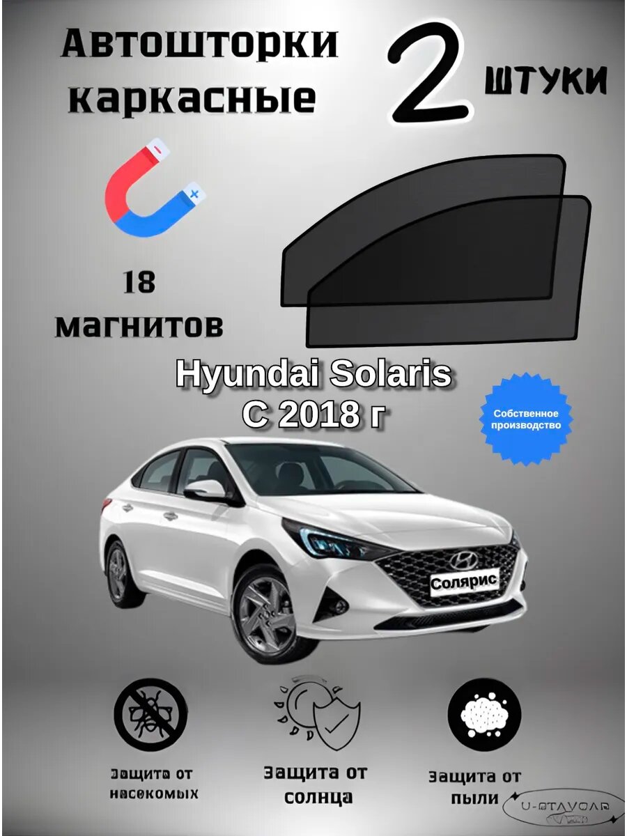 Каркасные шторки в машину Hyundai Solaris 2 (c 2018 г), магниты встроены