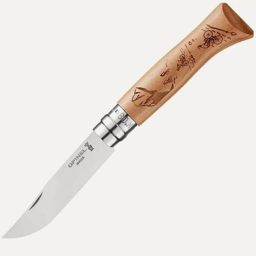 Изображение товара Нож Opinel №8 Alpine adventures, нержавеющая сталь, рукоять дуб, гравировка горный велосипед, 002187