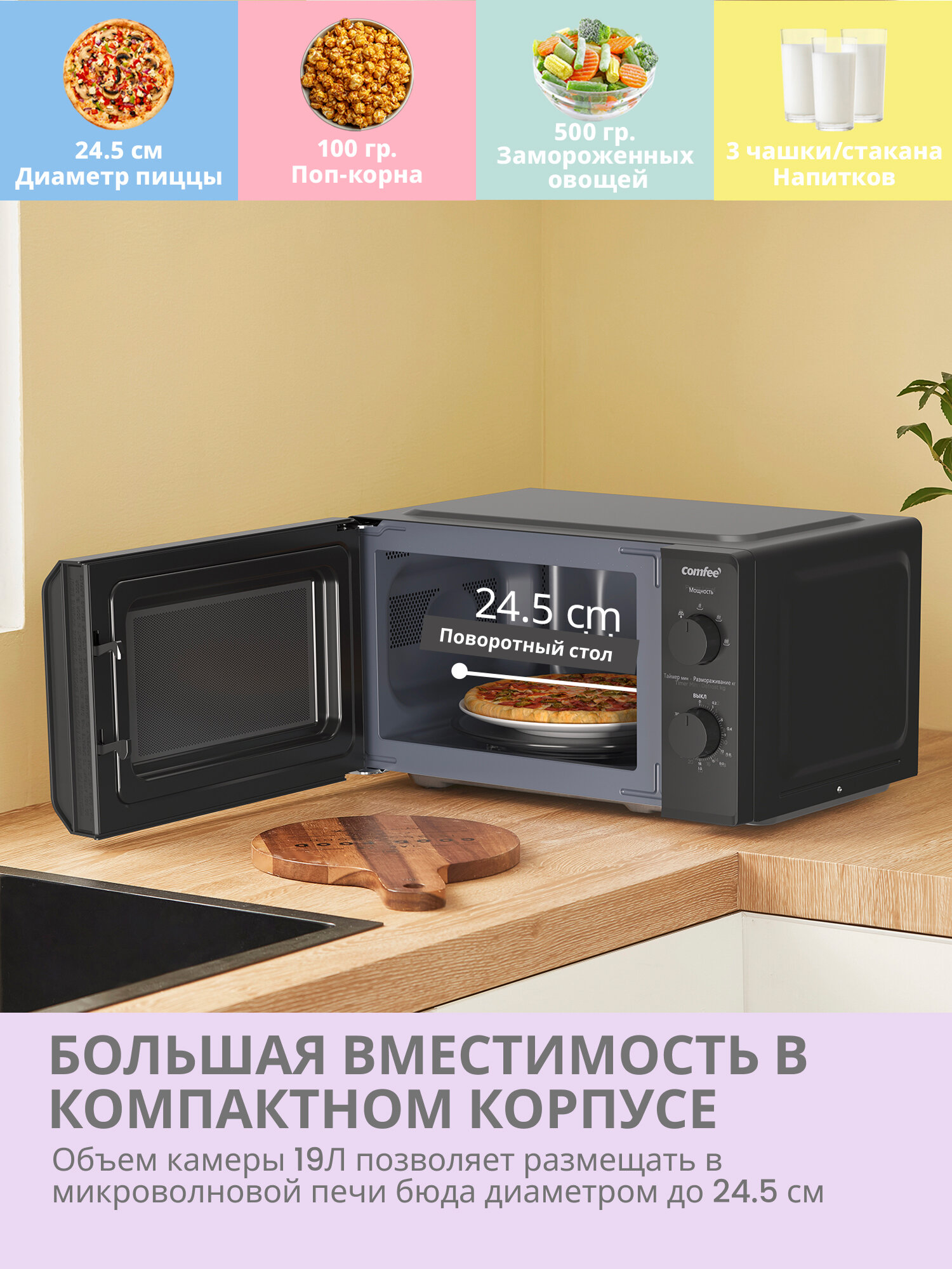 Микроволновая печь Comfee CMW719L2W-B, 700 Вт, 5 уровней мощности, поворотный стол, внутреннее освещение, быстрая разморозка, таймер, черный — фото 1