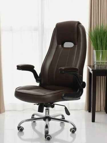 Изображение товара Кресло офисное коричневое, экокожа, топ-ган люкс, хромированное с регулируемыми подлокотниками