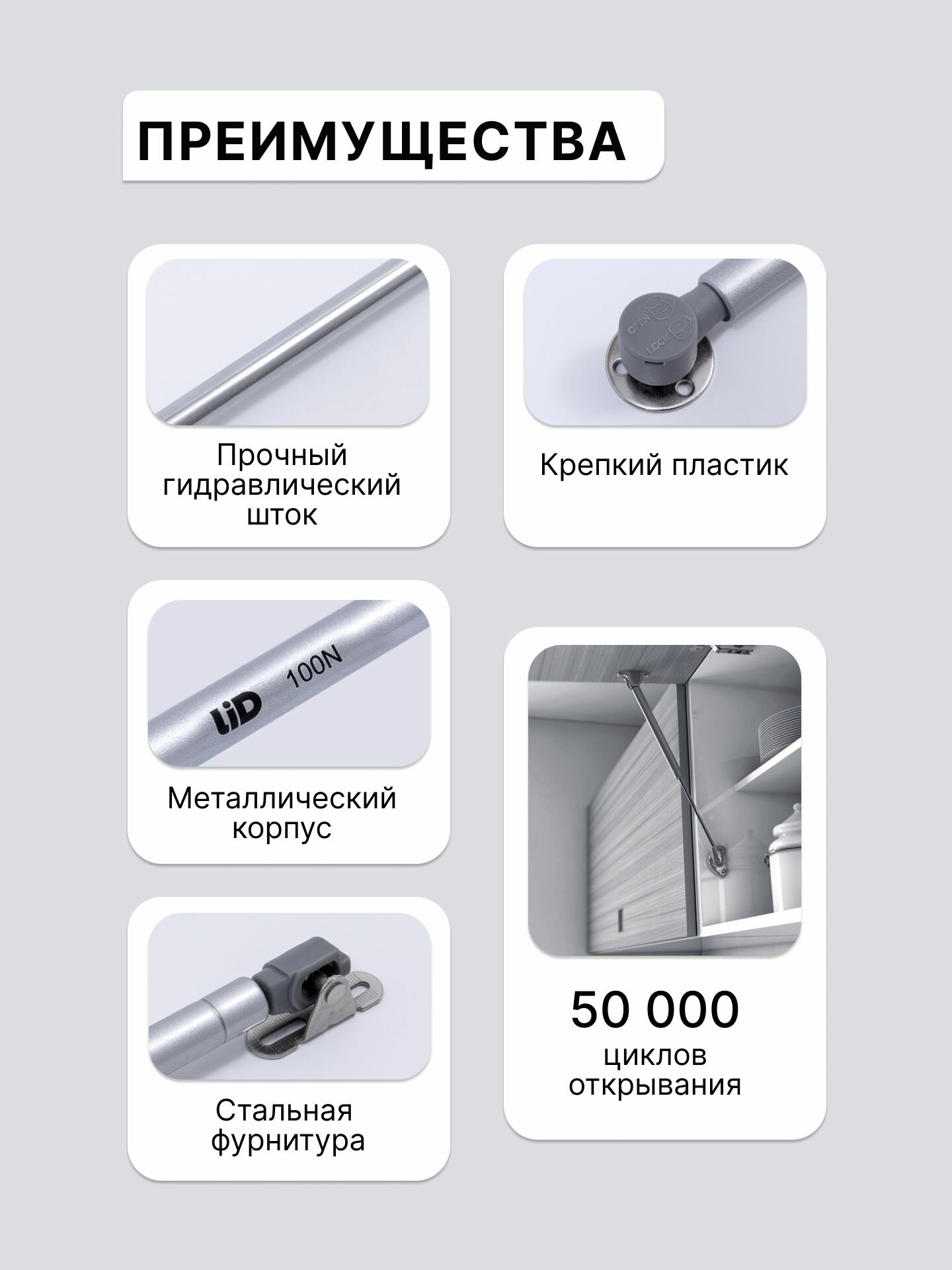 Газлифт мебельный 100N LID, для фасадов 300-600 мм, открывание вверх — фото 1