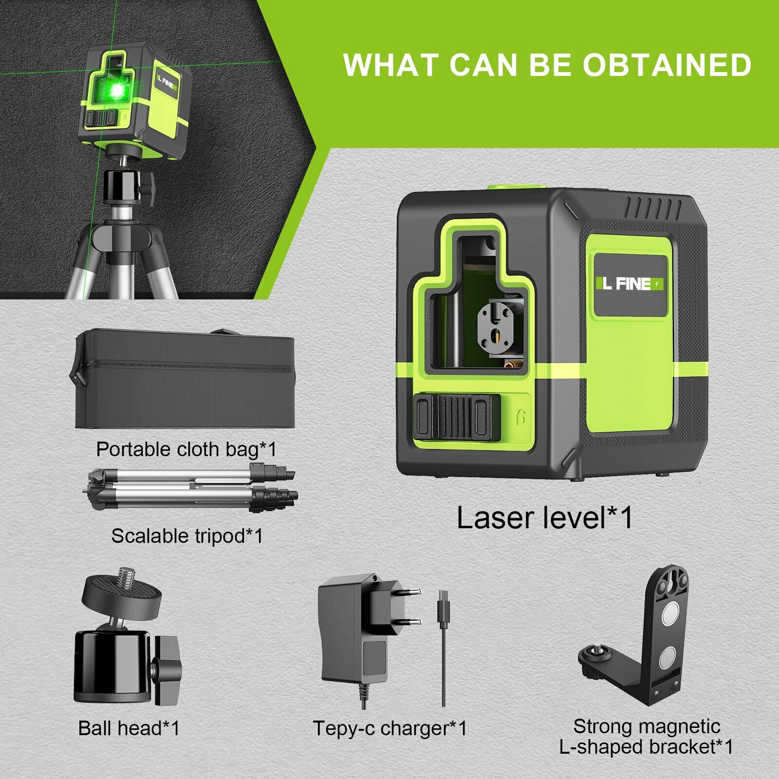 LFINE Лазерный уровень 2 линии зеленый Tripod set