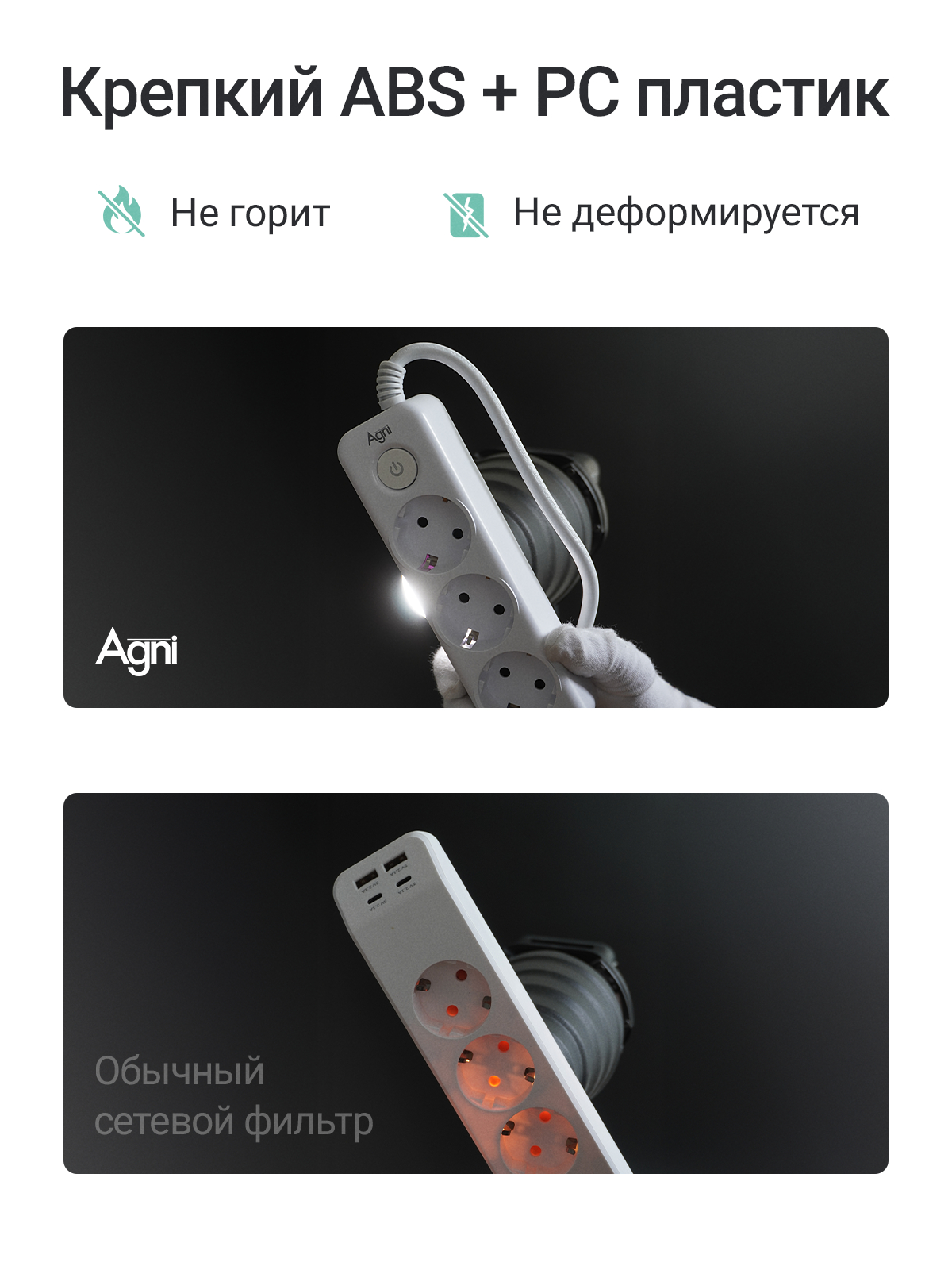 Сетевой фильтр на 6 розеток AGNI 3 USB и 1 TYPE-C, удлинитель 2м, защитные шторки, с предохранителем — фото 1