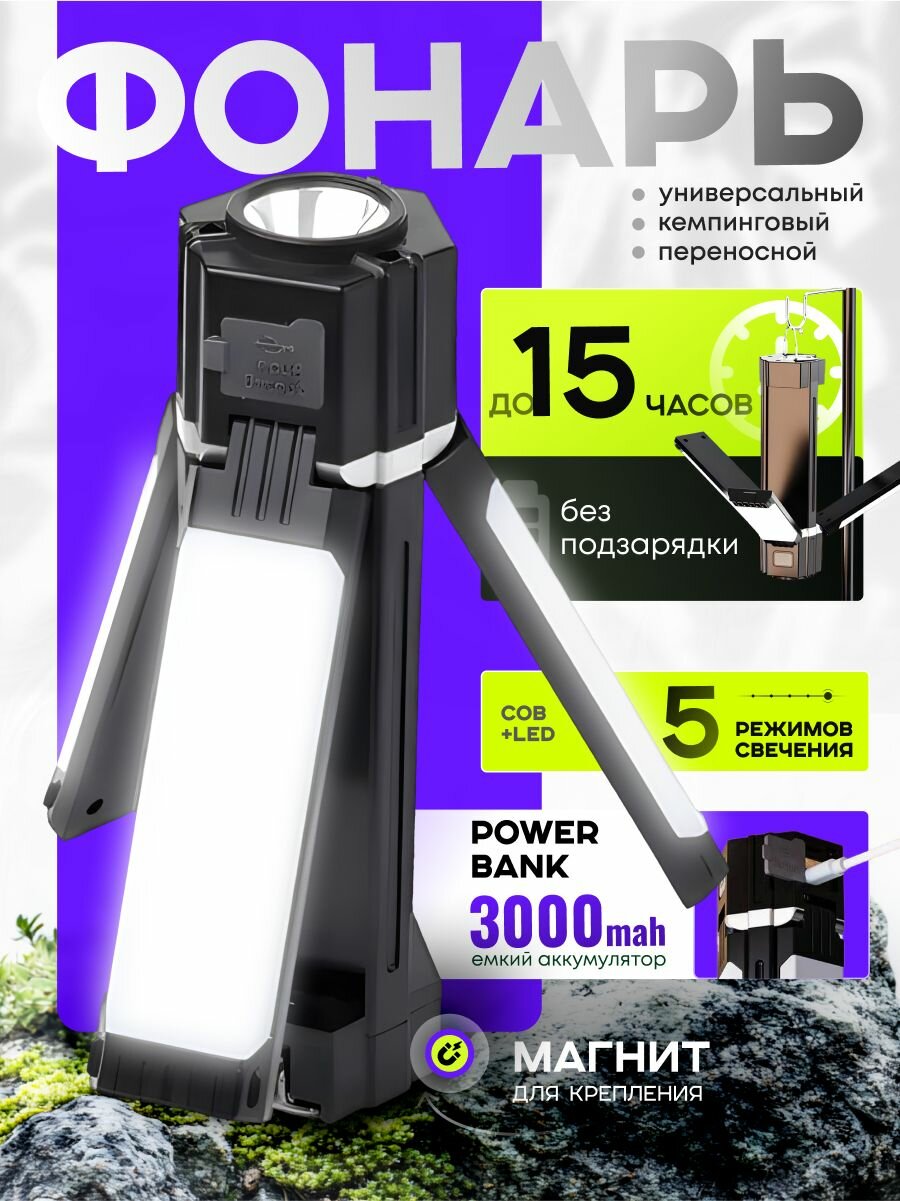Фонарь кемпинговый аккумуляторный подвесной на магните фонарик для кемпинга туристический походный в палатку