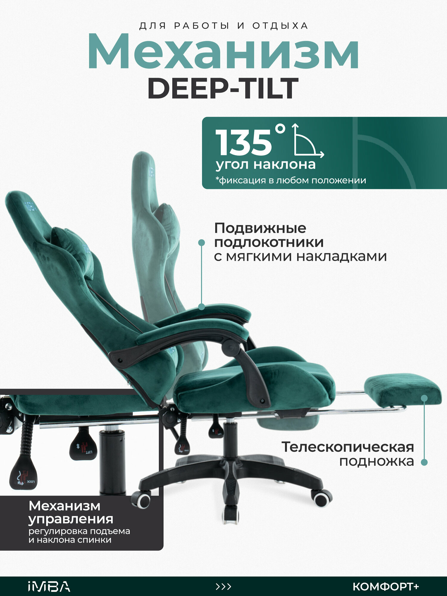 Кресло компьютерное IMBA, игровое, геймерское, с подставкой для ног, подголовником и подлокотниками, велюр — фото 1