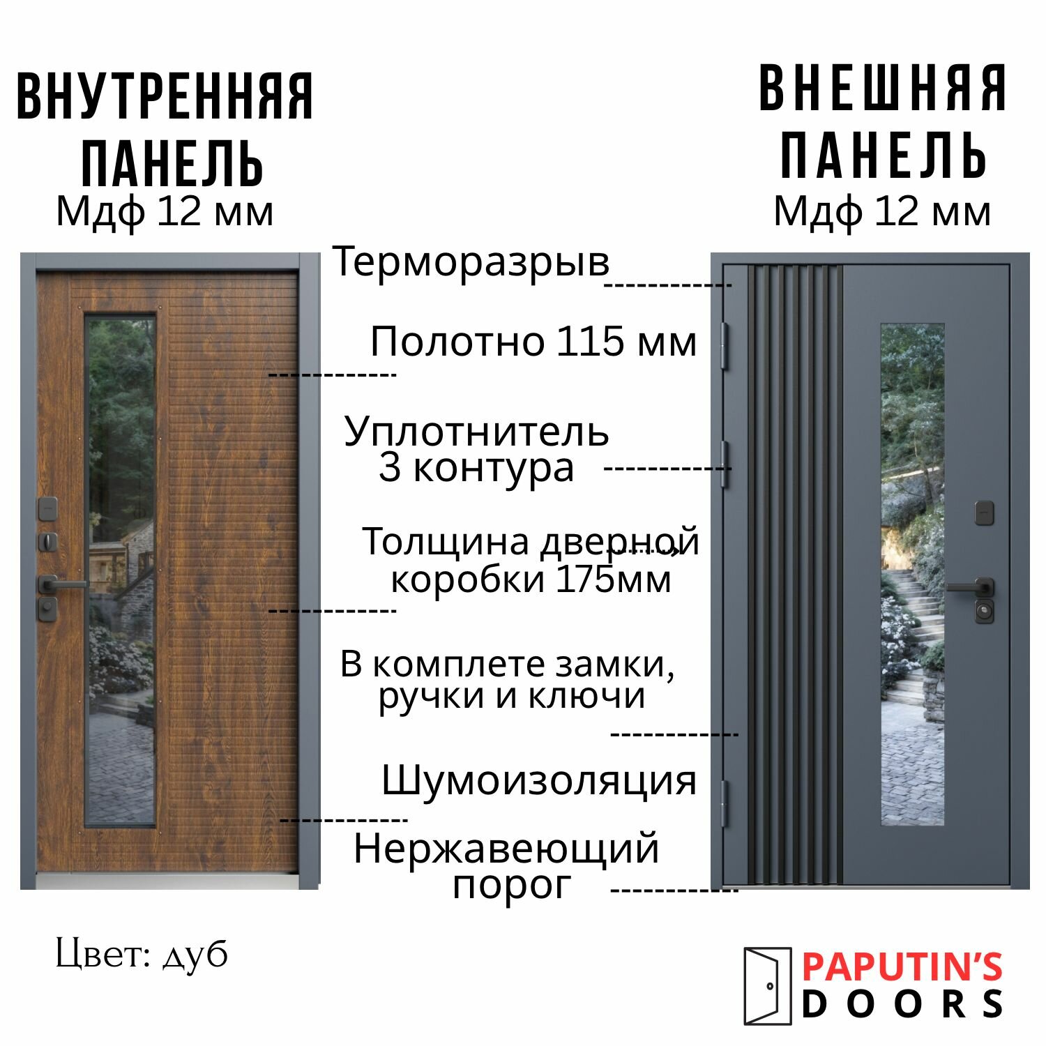 Дверь входная металлическая с терморазрывом Фортис дуб с черным коробом Paputin's Doors 960 х 2050 мм Левая
