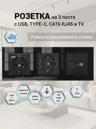 Изображение товара Розетка ТВ и интернет с USB и Type-C, с быстрой зарядкой 20 Вт, 3 поста, антенна ТВ/компьютер RJ-45 CAT6, рамка стекло 224*82*8 мм, цвет чёрный