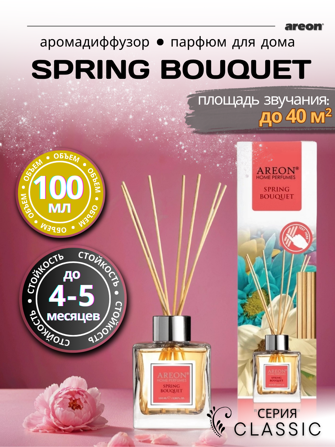 Ароматический диффузор Areon Classic, аромат Spring Bouquet, для дома/офиса/квартиры, с палочками, 100 мл