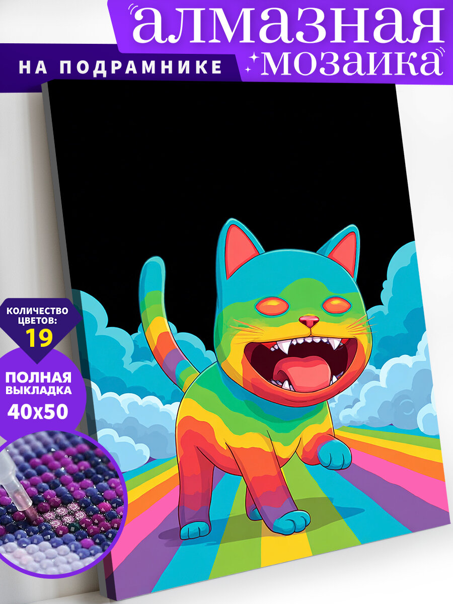 Алмазная мозаика на подрамнике 40х50 см. Неоновый мяу. Алмазная вышивка. Картина стразами