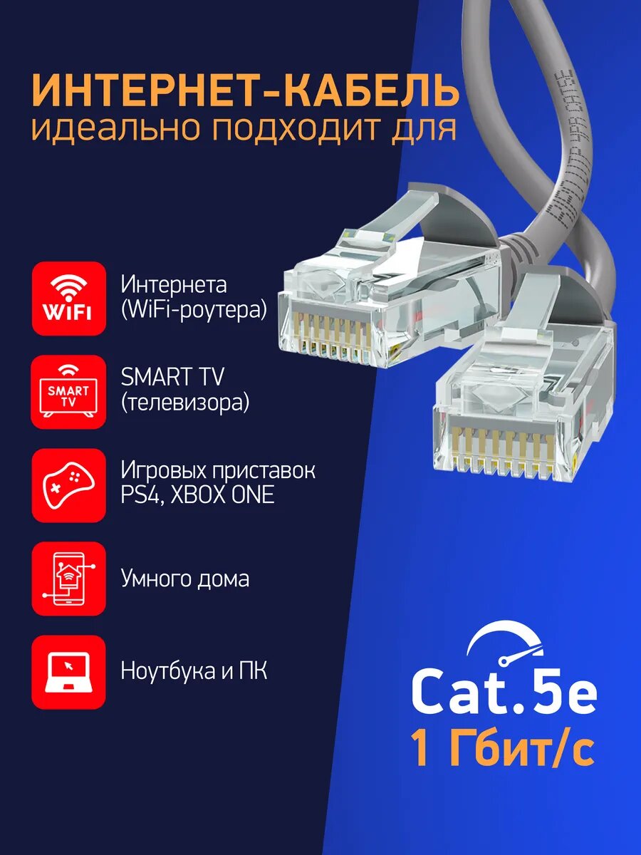 Патч корд, витая пара UTPCat5E RJ45 20 м серый — фото 1