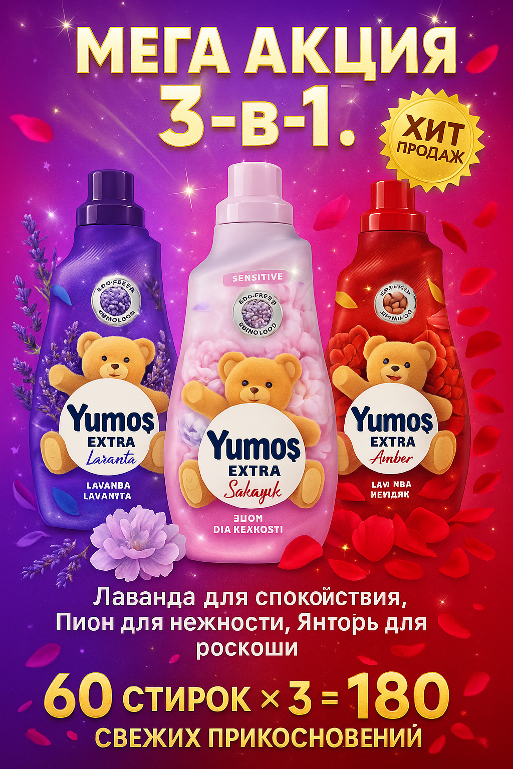 МЕГА АКЦИЯ Yumos 1440ml 3-в-1: Lavanta, Sakayik, Amber — 180 свежих прикосновений.