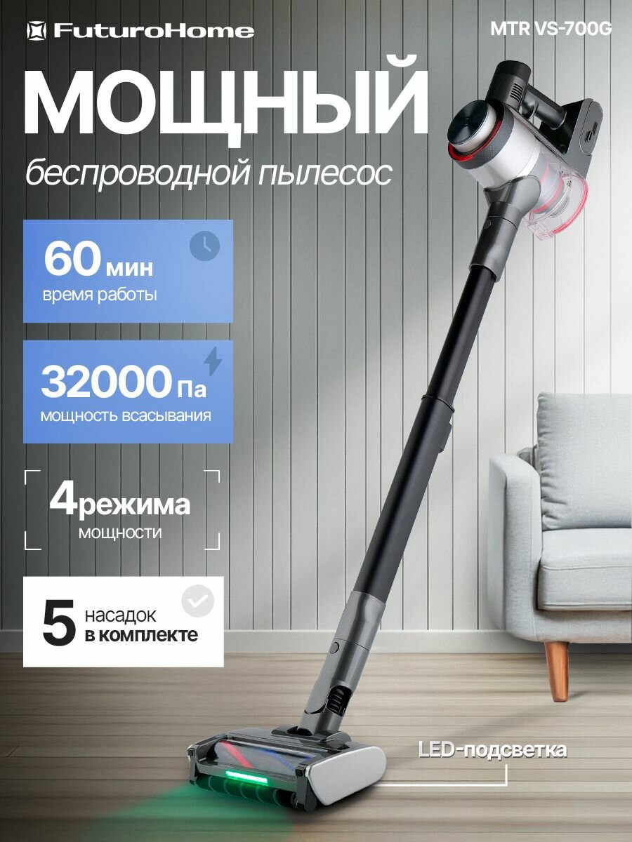 Пылесос вертикальный беспроводной FuturoHome MTR VS-700G Pro Aqua 700Вт серый